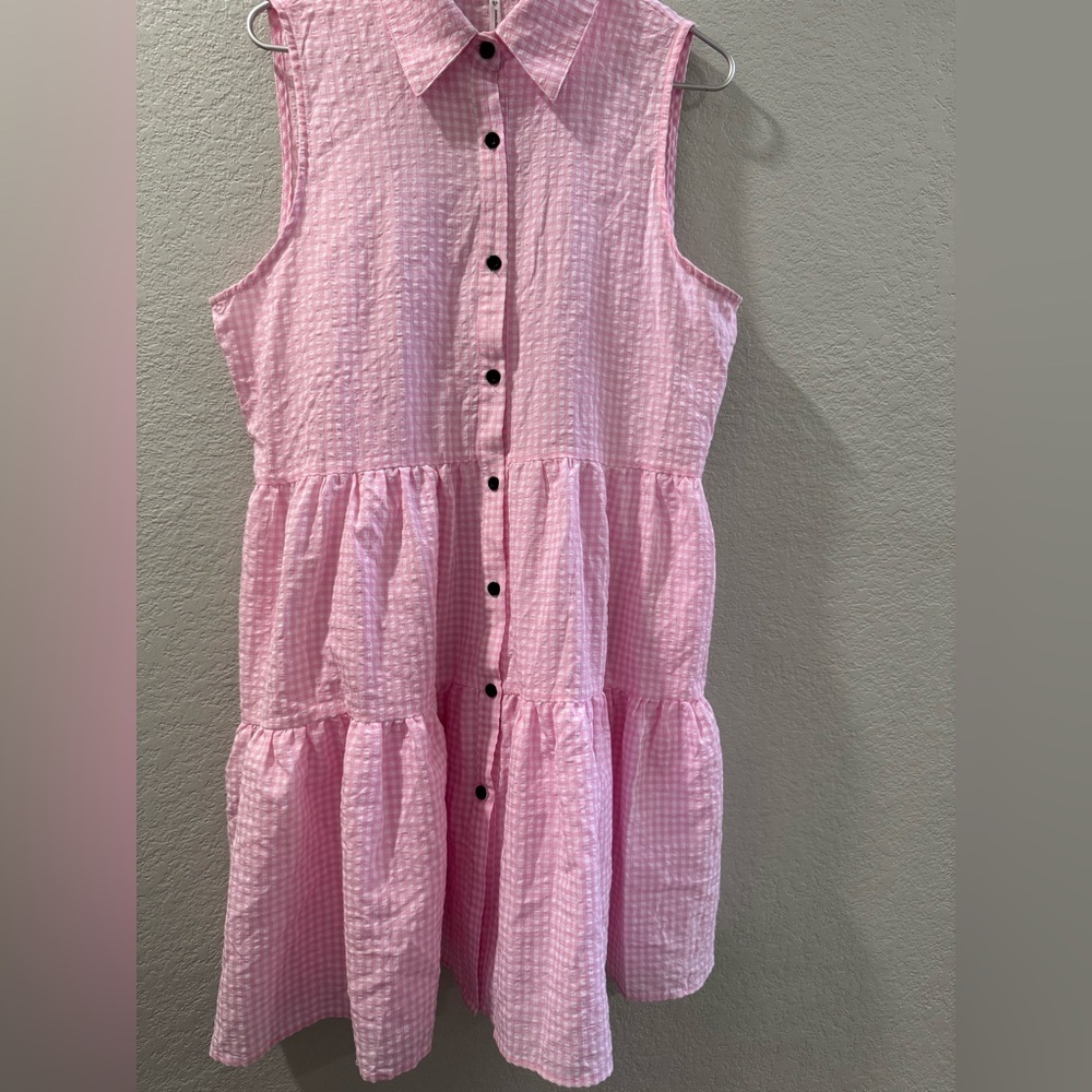 Pink Seersucker Sleeveless Shirt Dress